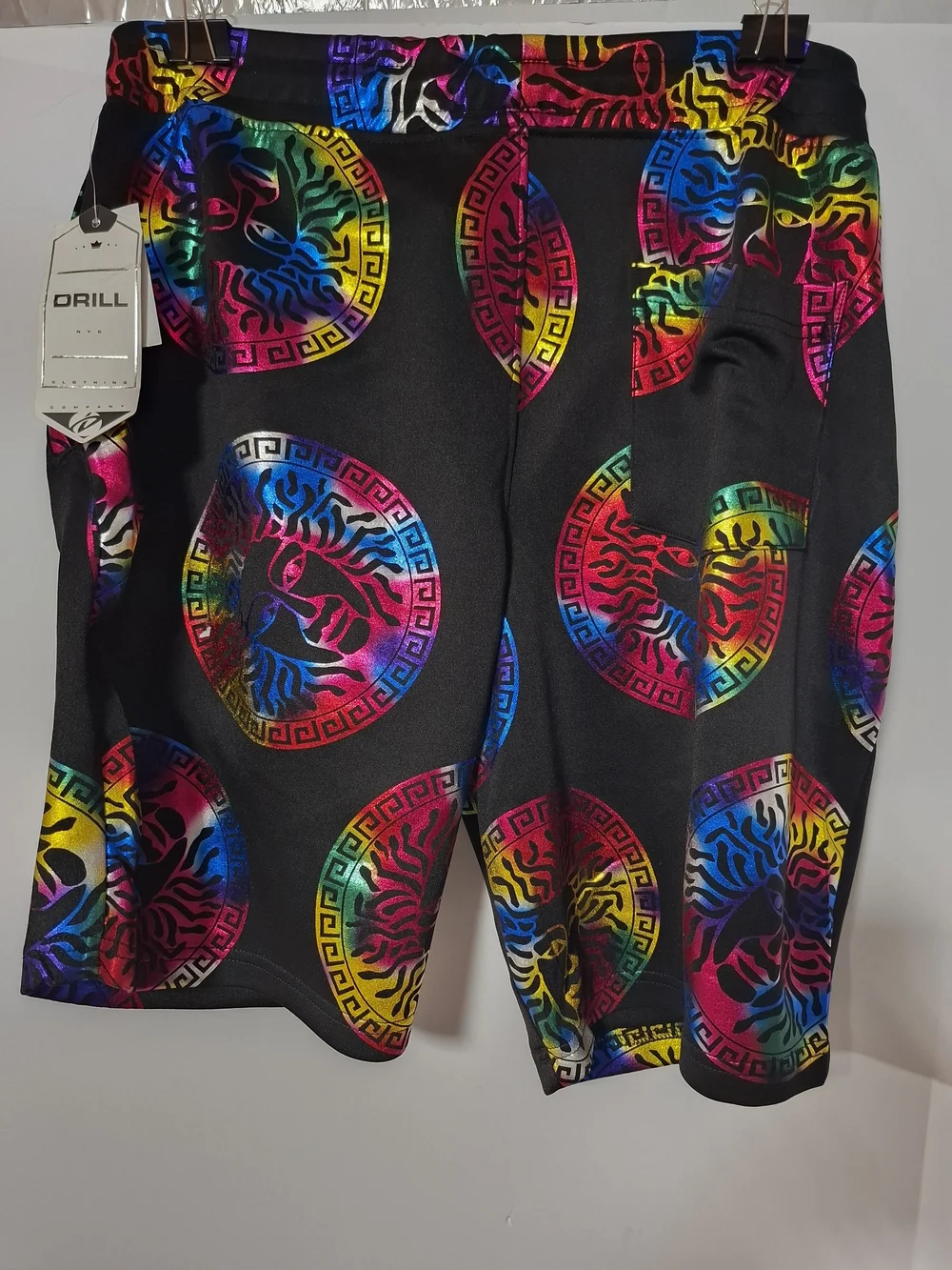 Men's Black Hybrid Shorts with Rainbow Medallion Print